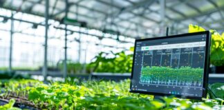 Hydroponic farm with IoT analytics dashboard on display, monitoring nutrient levels in water, fusion of technology and modern farming