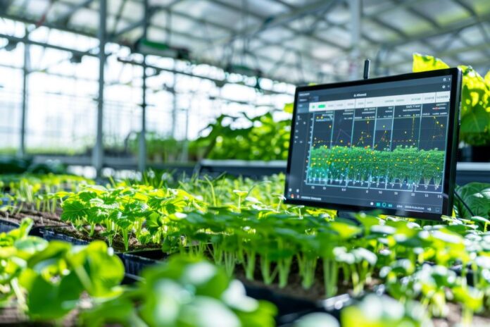 Hydroponic farm with IoT analytics dashboard on display, monitoring nutrient levels in water, fusion of technology and modern farming
